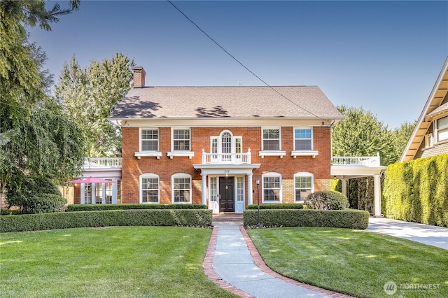 colonial inspired home with brick siding, a balcony, and a front lawn