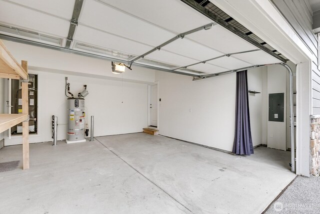 garage with water heater, heating unit, electric panel, and a garage door opener