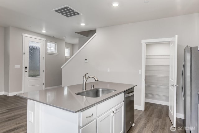 kitchen with a kitchen island with sink, a sink, visible vents, white cabinets, and appliances with stainless steel finishes