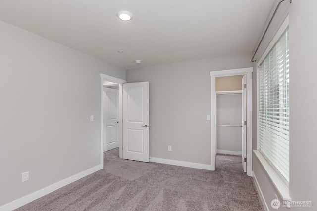 unfurnished bedroom featuring carpet floors, a spacious closet, and baseboards