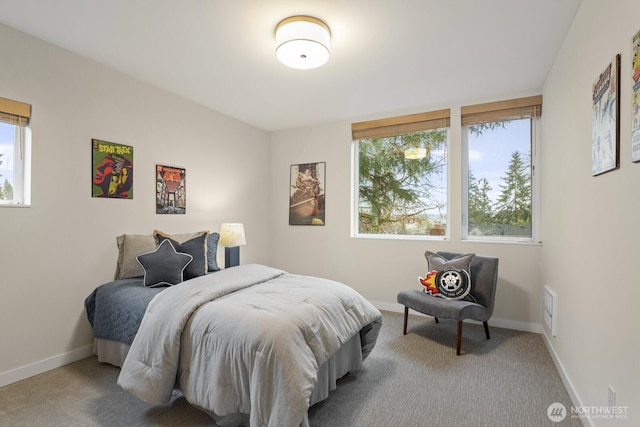 bedroom featuring multiple windows, baseboards, and carpet flooring