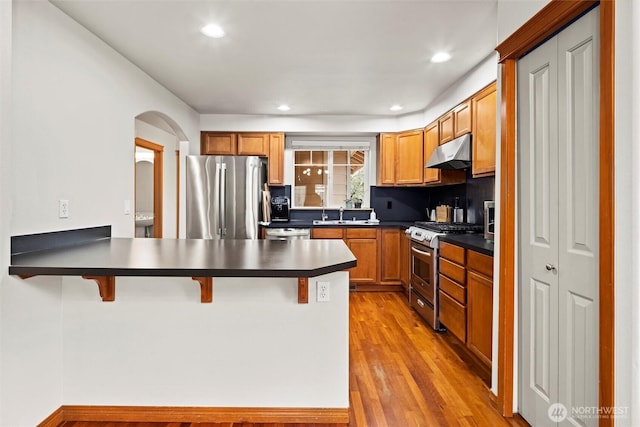 kitchen featuring light wood-style flooring, under cabinet range hood, dark countertops, stainless steel appliances, and a peninsula