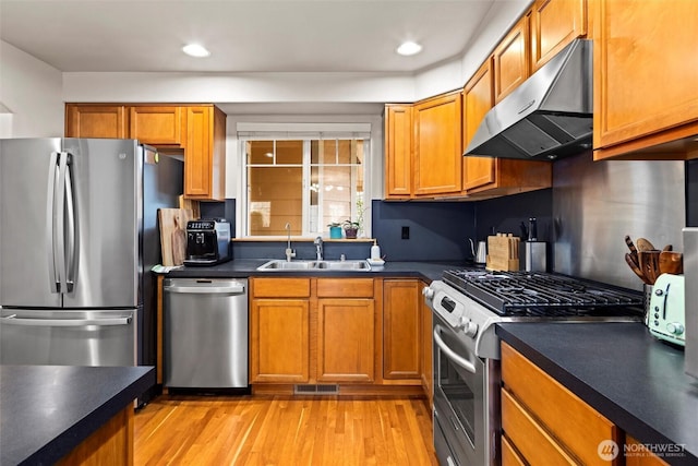 kitchen featuring under cabinet range hood, appliances with stainless steel finishes, dark countertops, and a sink