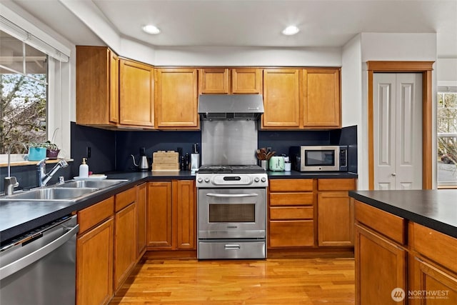 kitchen featuring a sink, light wood-style floors, appliances with stainless steel finishes, under cabinet range hood, and dark countertops