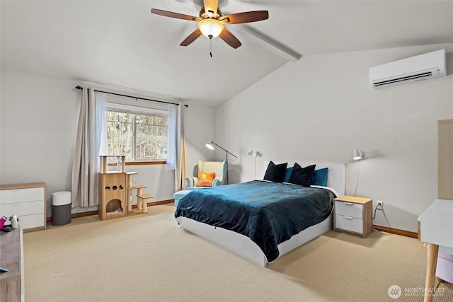 carpeted bedroom featuring lofted ceiling with beams, a ceiling fan, baseboards, and a wall mounted air conditioner