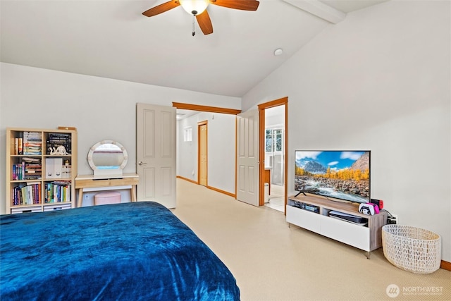 bedroom with a ceiling fan and vaulted ceiling with beams