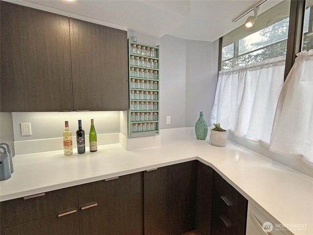 kitchen featuring dark brown cabinetry, modern cabinets, light countertops, and dishwasher