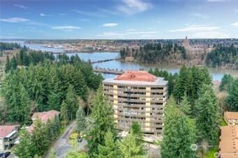 aerial view featuring a water view