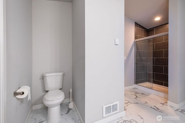 full bathroom featuring marble finish floor, visible vents, toilet, a shower stall, and baseboards