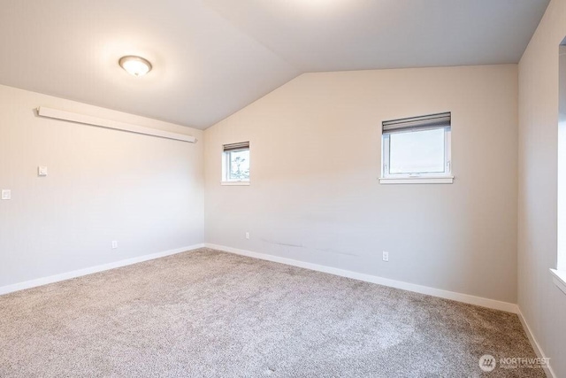 unfurnished room featuring lofted ceiling, a healthy amount of sunlight, and carpet