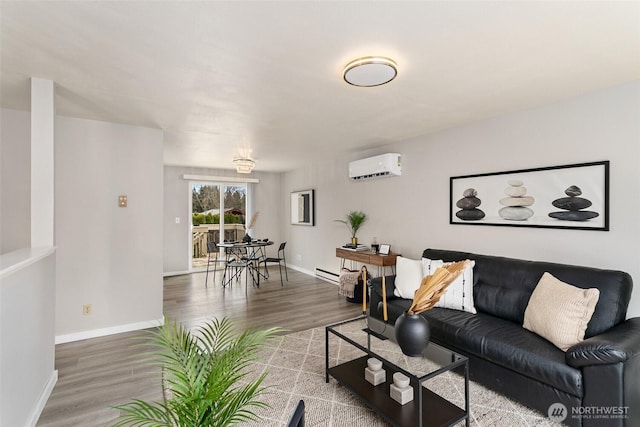 living room featuring a wall mounted air conditioner, baseboards, baseboard heating, and wood finished floors