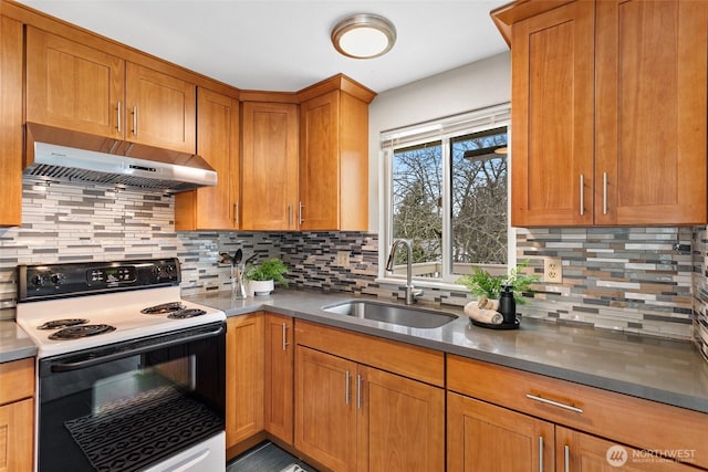 kitchen with under cabinet range hood, electric range oven, decorative backsplash, brown cabinetry, and a sink