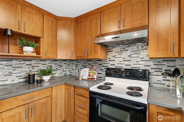 kitchen with electric range, under cabinet range hood, open shelves, backsplash, and brown cabinetry