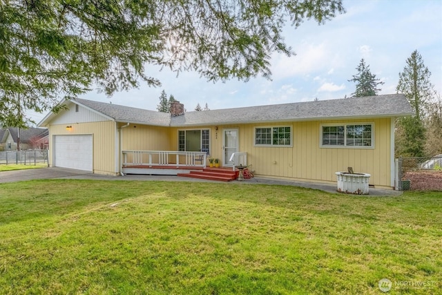 ranch-style home featuring a front lawn, fence, aphalt driveway, a chimney, and a garage