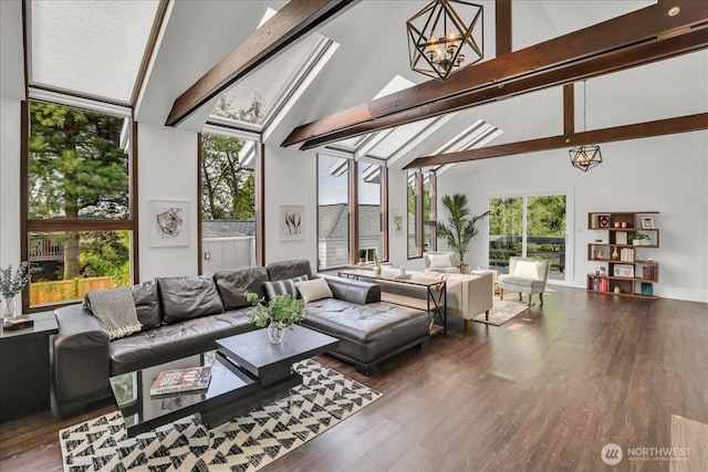 living room with high vaulted ceiling, a chandelier, dark wood finished floors, and beam ceiling