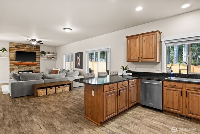 kitchen with light wood-style floors, a fireplace, a sink, and stainless steel dishwasher