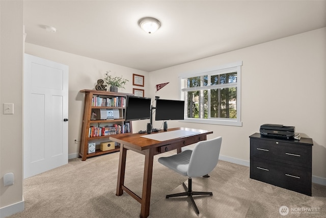 office space featuring baseboards and light colored carpet