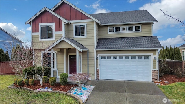 craftsman-style home featuring a garage, a shingled roof, board and batten siding, and concrete driveway