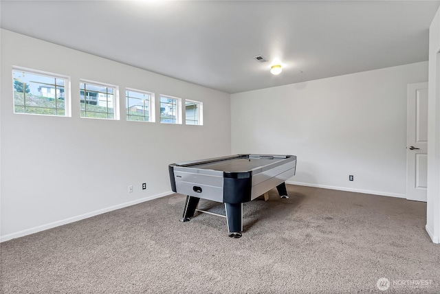 game room featuring carpet flooring, visible vents, and baseboards