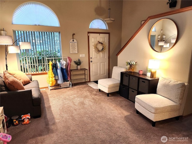 carpeted living area featuring a high ceiling