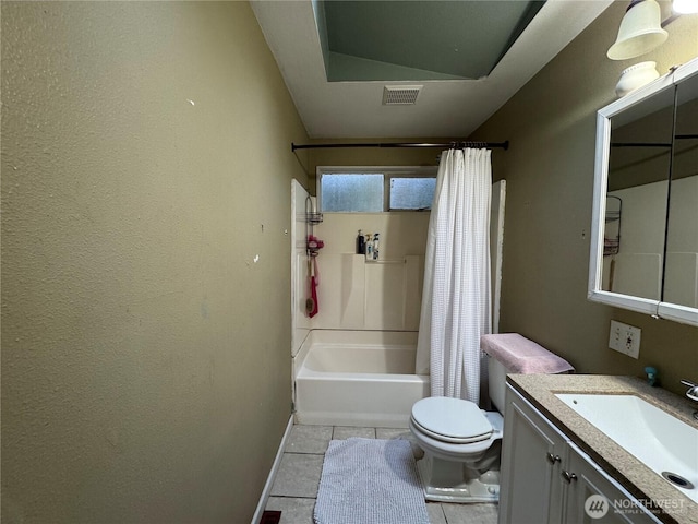 bathroom with visible vents, toilet, shower / bath combo, vanity, and tile patterned flooring