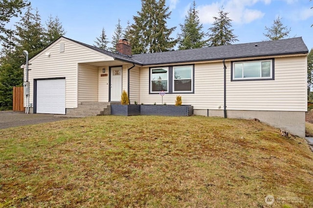 ranch-style home with a garage, a chimney, and a front lawn