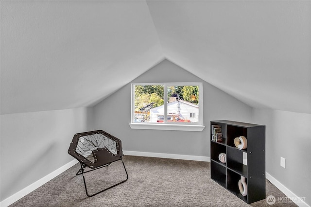 sitting room with vaulted ceiling and carpet flooring