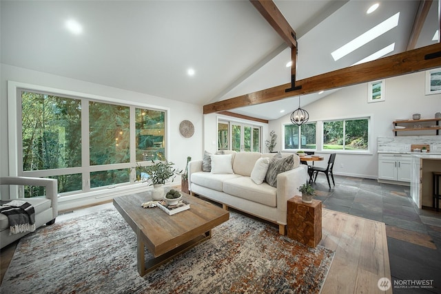 living room featuring a chandelier, dark wood-type flooring, beamed ceiling, high vaulted ceiling, and recessed lighting