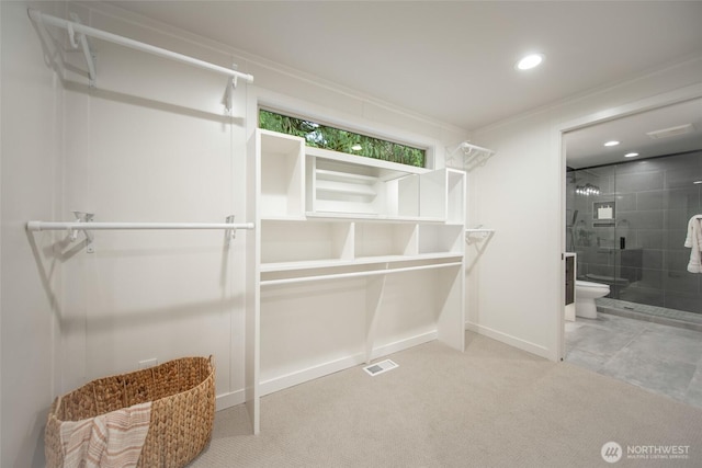 spacious closet with carpet floors and visible vents