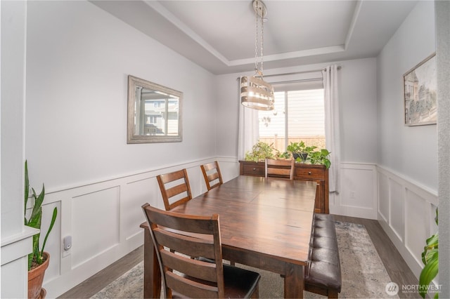 dining space featuring wainscoting, a raised ceiling, dark wood finished floors, and a decorative wall