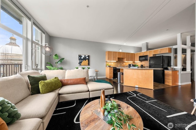 living room with dark wood-type flooring and baseboards