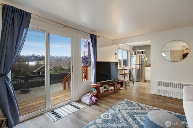 living room with light wood-type flooring and radiator