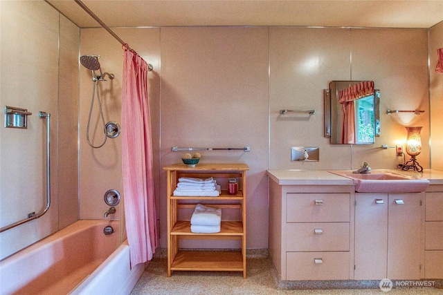 bathroom featuring shower / bath combination with curtain and vanity