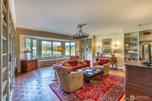 living area featuring baseboard heating, an inviting chandelier, and crown molding