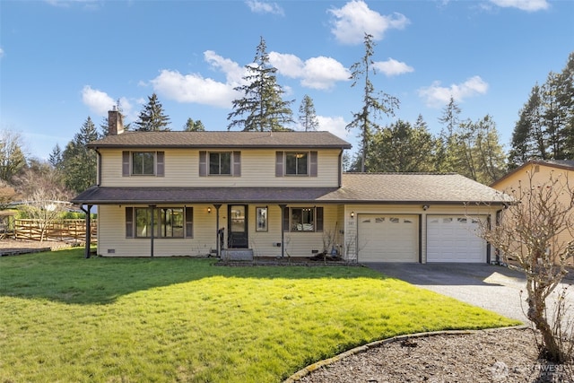 view of front facade with a garage, a chimney, aphalt driveway, fence, and a front lawn