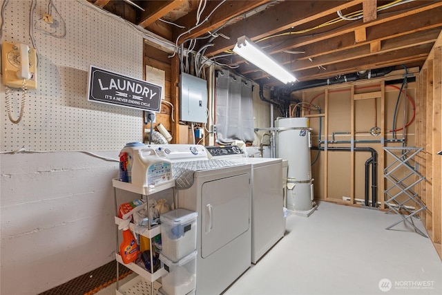 laundry area with laundry area, secured water heater, electric panel, and washer and clothes dryer