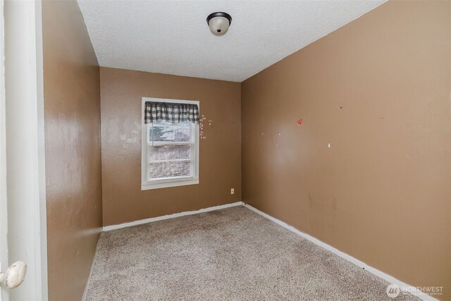 carpeted empty room featuring a textured ceiling and baseboards