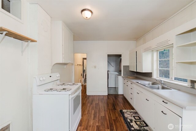 kitchen with dark wood-type flooring, white cabinets, a sink, and white range with electric cooktop