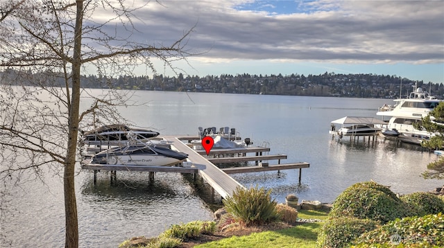 dock area with a water view and boat lift