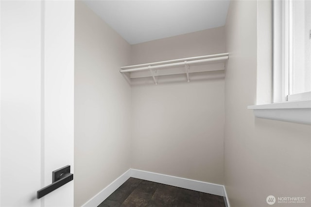 walk in closet featuring dark wood-style floors