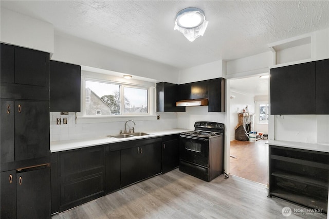 kitchen featuring under cabinet range hood, black electric range oven, dark cabinetry, and a sink