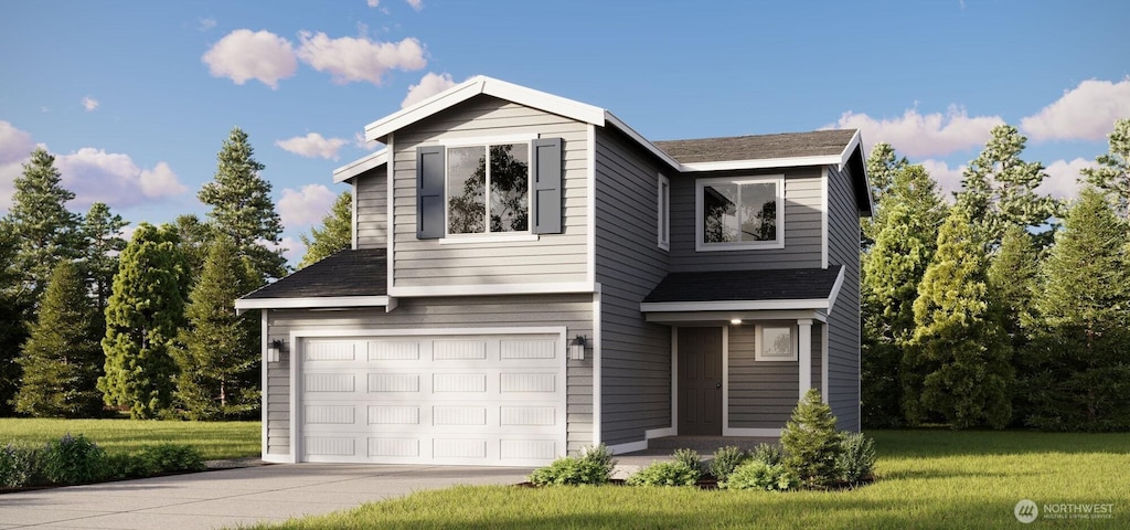 view of front of property with an attached garage, driveway, and a front yard