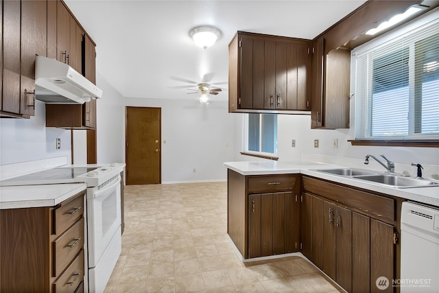 kitchen with light countertops, a sink, a peninsula, white appliances, and under cabinet range hood