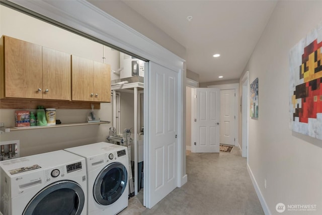 laundry area with recessed lighting, cabinet space, light carpet, separate washer and dryer, and baseboards