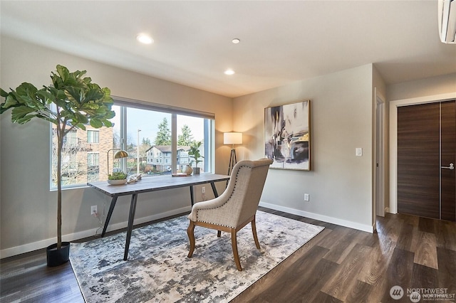 office area with dark wood-style floors, baseboards, and recessed lighting