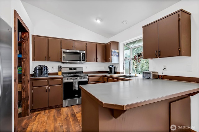 kitchen featuring lofted ceiling, stainless steel appliances, a peninsula, and a sink