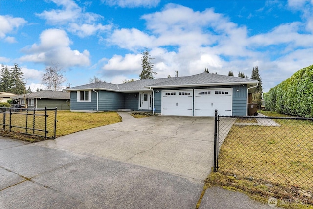 single story home with driveway, a garage, fence, and a front yard