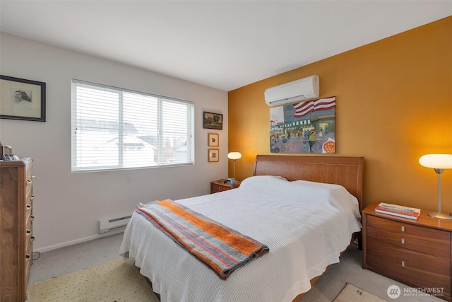 bedroom featuring light carpet, baseboards, a baseboard heating unit, and an AC wall unit