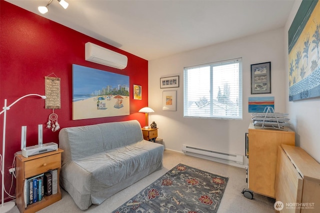 living area featuring a baseboard heating unit, a wall mounted AC, and light colored carpet