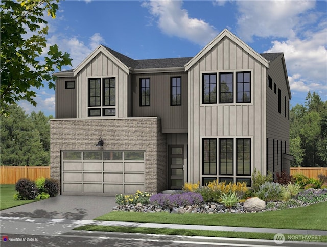 modern inspired farmhouse featuring brick siding, concrete driveway, board and batten siding, fence, and a garage